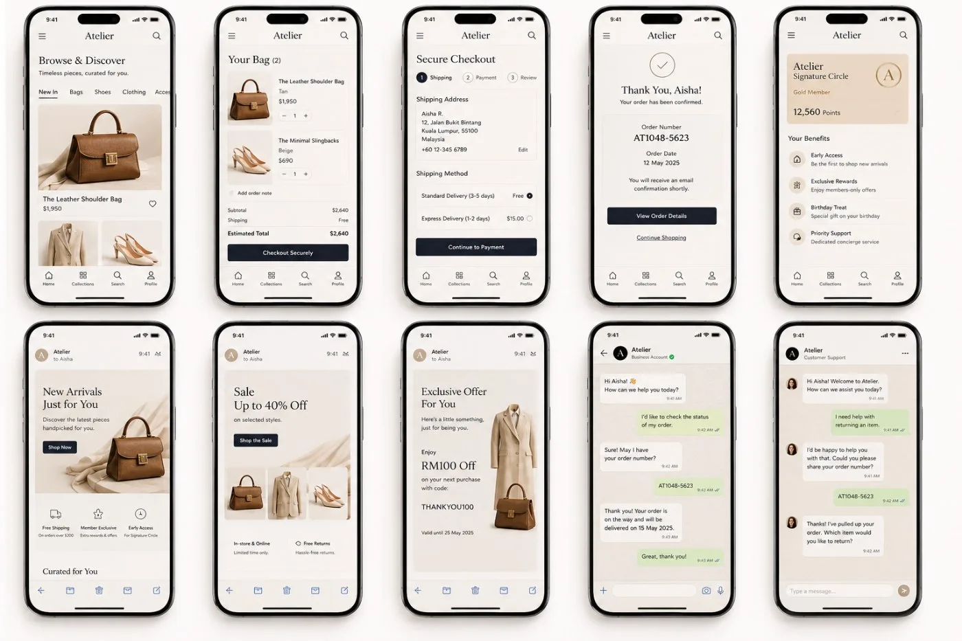 Ten mobile screens showing a retail app journey: browse, bag, checkout, order confirmation, loyalty, and three automated messages plus two support chats.